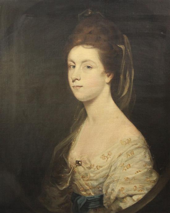 Attributed to Thomas Beach (1738-1806) Portrait of a young lady wearing a white dress, 30 x 25in.